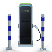 Barrier posts | as e-charging post protection |  76 mm | hot-dip galvanized with 3 blue reflective strips foil type RA1/A | To be fixed by plugs